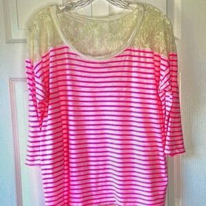 Striped Pink Lace-Yoke Women's Top
